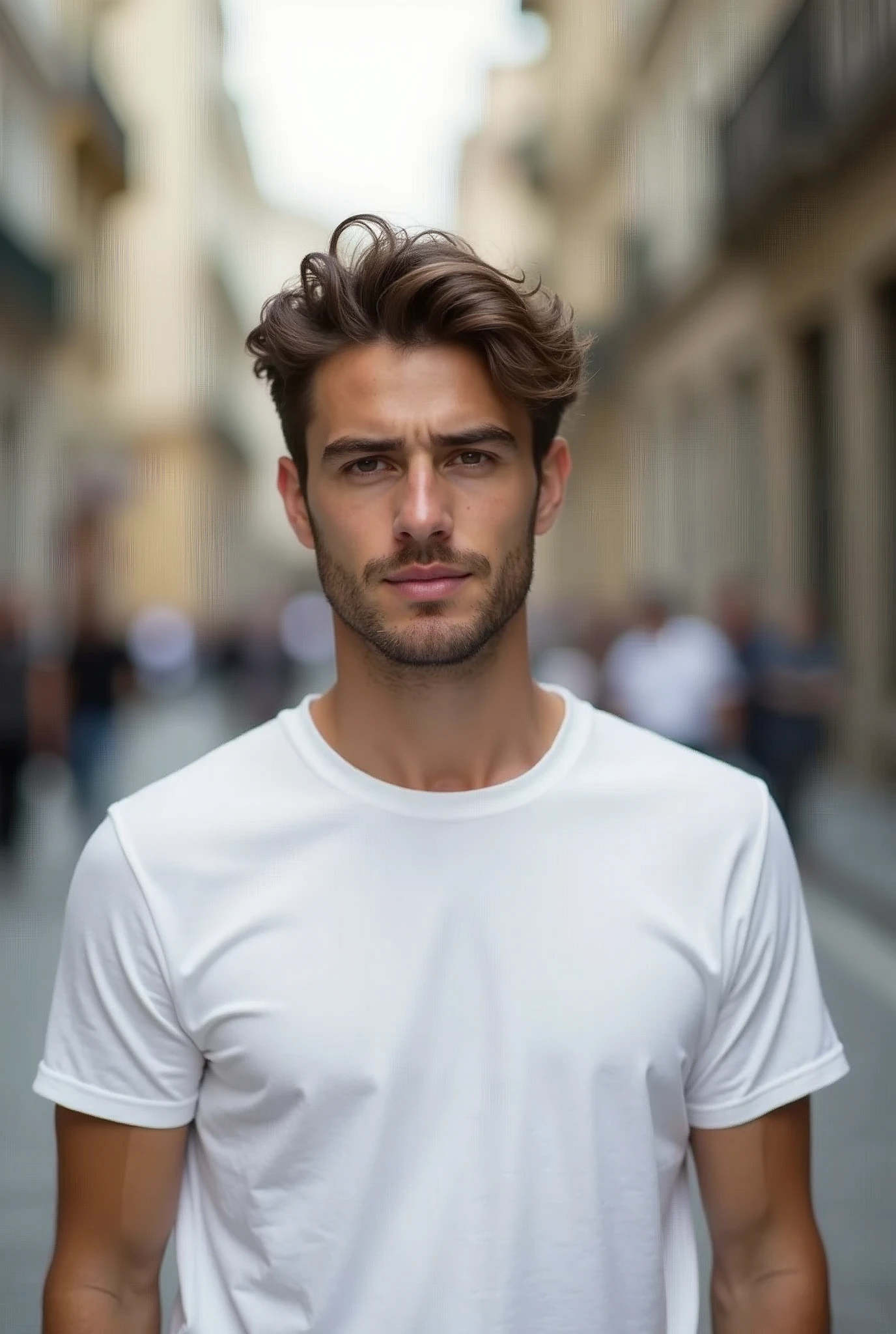 When I said the same, it was the same genre., that is, a 25-year-old European man in a white t-shirt in a city with a blurred background and the young man looking straight at the camera