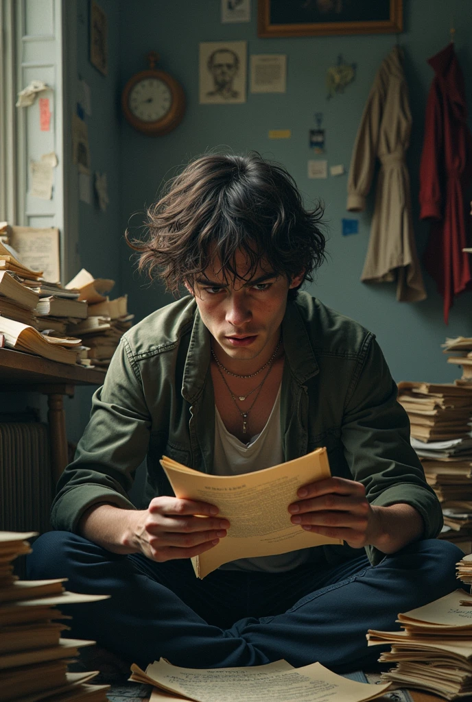 I need an 18-year-old who practices theatre in a crazy and unhealthy way, with scripts stacked up, books everywhere, many theatrical costumes, it shows that the young man is not mentally well
