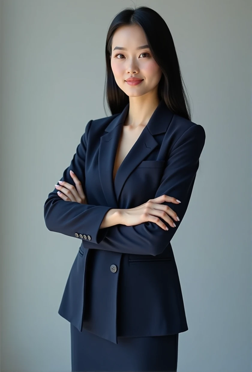 Professional image of a 25-year-old working woman, Wear a navy blue business casual suit and hip wrap skirt, Professional profile photo, posing with crossed arms, professional picture, professional profile picture, photograph of a woman, Business woman, lecturer, Black hair, Slim body, 8K high-definition