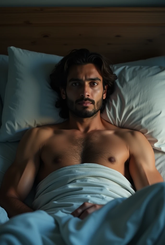 26 year old Indian man, lying in the bed, medium hair, medium beard, loose pajamas, brown hair and eyes, low light coming from window, looking in the camera with no smile, mascular body