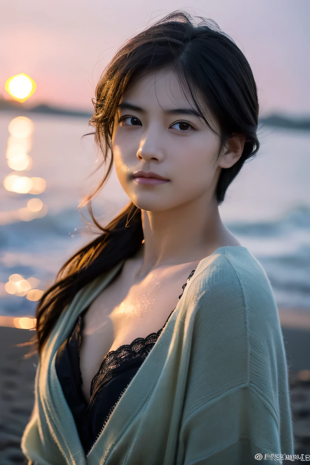 Hair blowing in the wind、Wet Skin、Wet Hair、Wet clothes、Sea at dusk,A woman with a cute face like a Japanese idol, 、(Cleavage),((Cinema Lighting),(Natural light),(High level of artistry),(artistic),(Indistinguishable quality from the real thing),{{RAW Photos}},{{Genuine}},High resolution,masterpiece, beautiful, Handsome Tomboy, Looks like a salon model, ((Cool face)), Neutral facial features, dynamic pose,