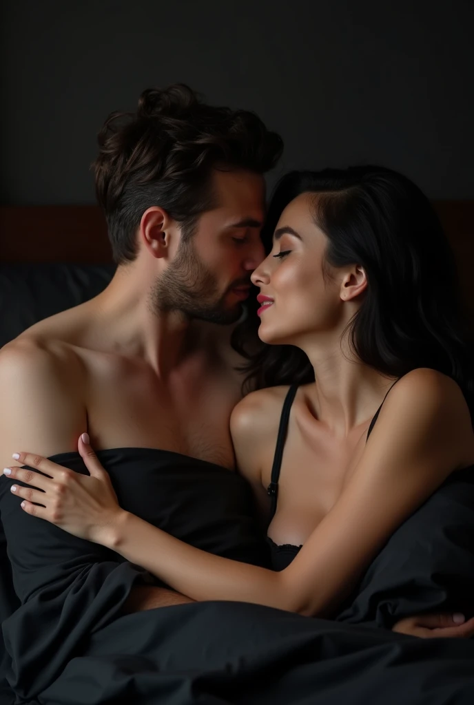 30-year-old Caucasian man having sex with 25-year-old Caucasian woman, both with black hair, on a black bed