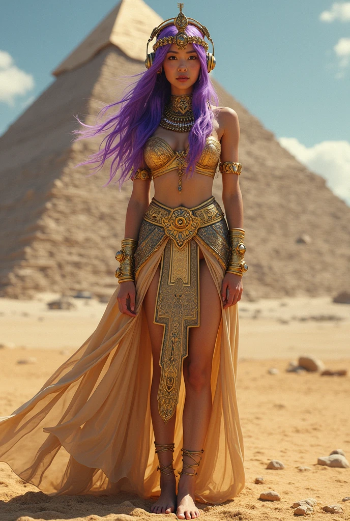 Korean butterfly woman with purple hair and headphones,wearing golden pharaoh's clothes and a pyramid background,fully body,fully body pés descalço