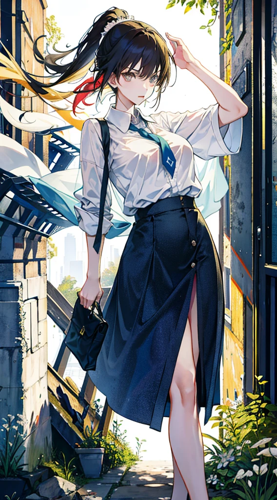 noon, In class, Two female proctors walked into the classroom, Holding a top-secret document bag, Two people wearing white T-shirts、Extra large breasts, Beautiful breasts, Big Ass, Long hair, Ponytail, Blonde Hair, Long-legged female invigilator, The female proctor looked into camera, Sweating all over the body，Clothes are heavily soaked， Love art style ((Xinhaicheng), CGSTATION Popular, Shinkai Makoto H 2160, Inspired by Border Guardians, Shinkai Makoto, plan, Guwitz's style, High-quality images, 4K, 8K, solve,（（Leaning against the wall，Sideways posture））