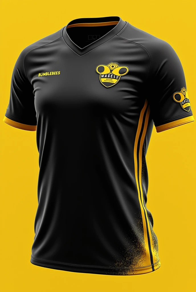generate a sports shirt to play soccer that is for the girls' team called bumblebees. It has to be black with yellow details. They have two championships, represent them with bees and make it minimalist and very cool. Another more innovation. Withe the letters in the side