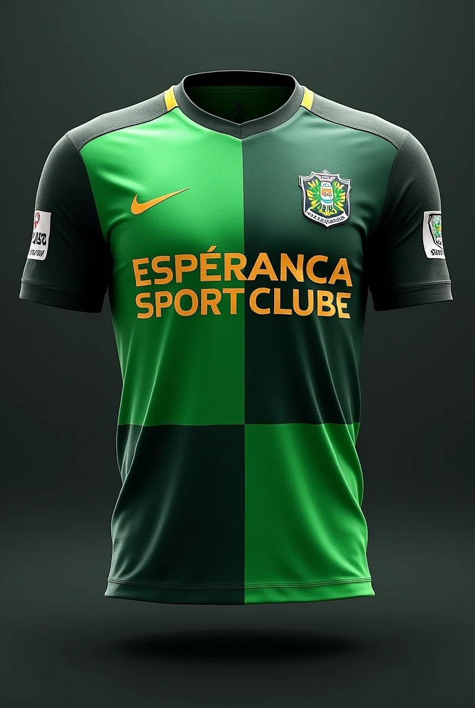 Create a football jersey with the name and logo Esperança Sport Clube in green and black colors