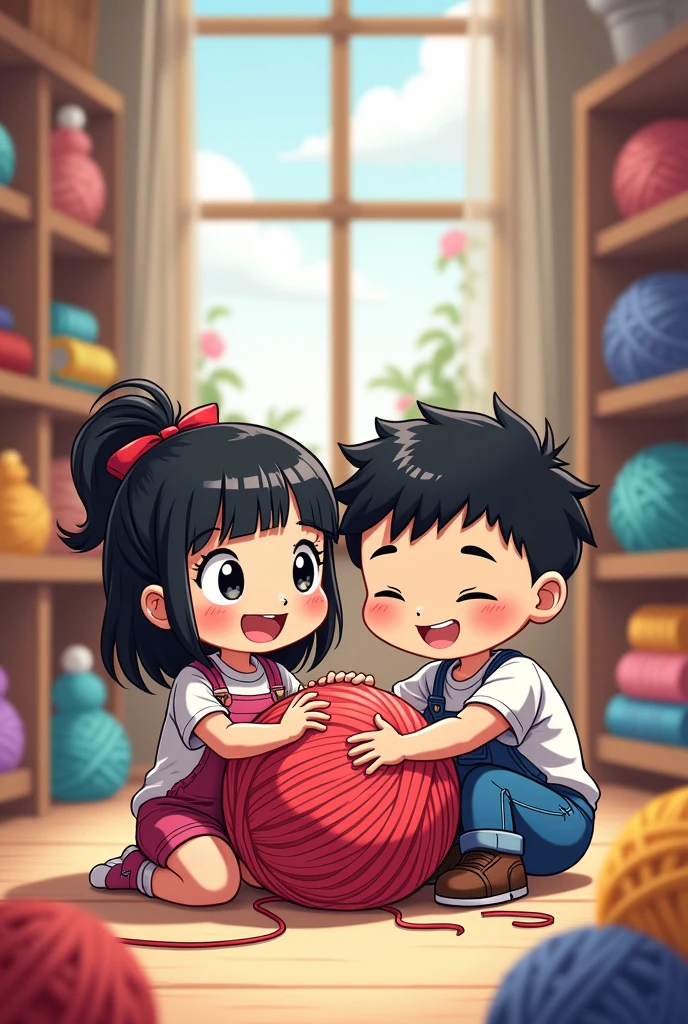 Chibi drawing of a crochet business with a chubby black-haired teenage girl with a bridge piercing and a skinny guy with a lowfade haircut in anime style, with a giant ball of yarn in the center.