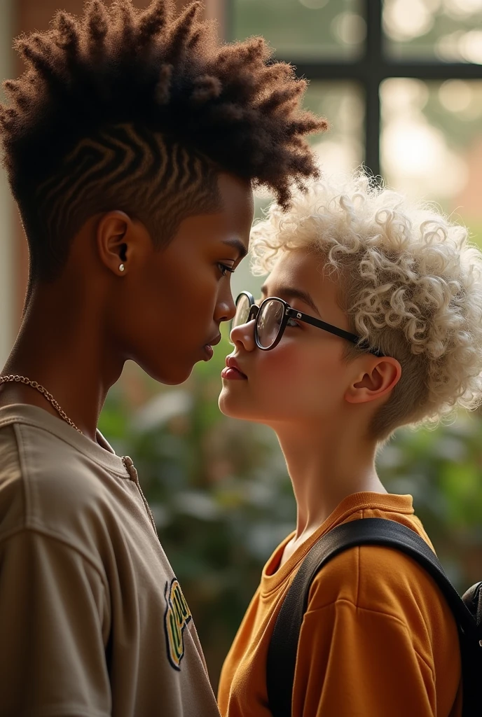 Photo of a girl who is something, short white curly hair and glasses and a taller brown player with curly mohawk hair