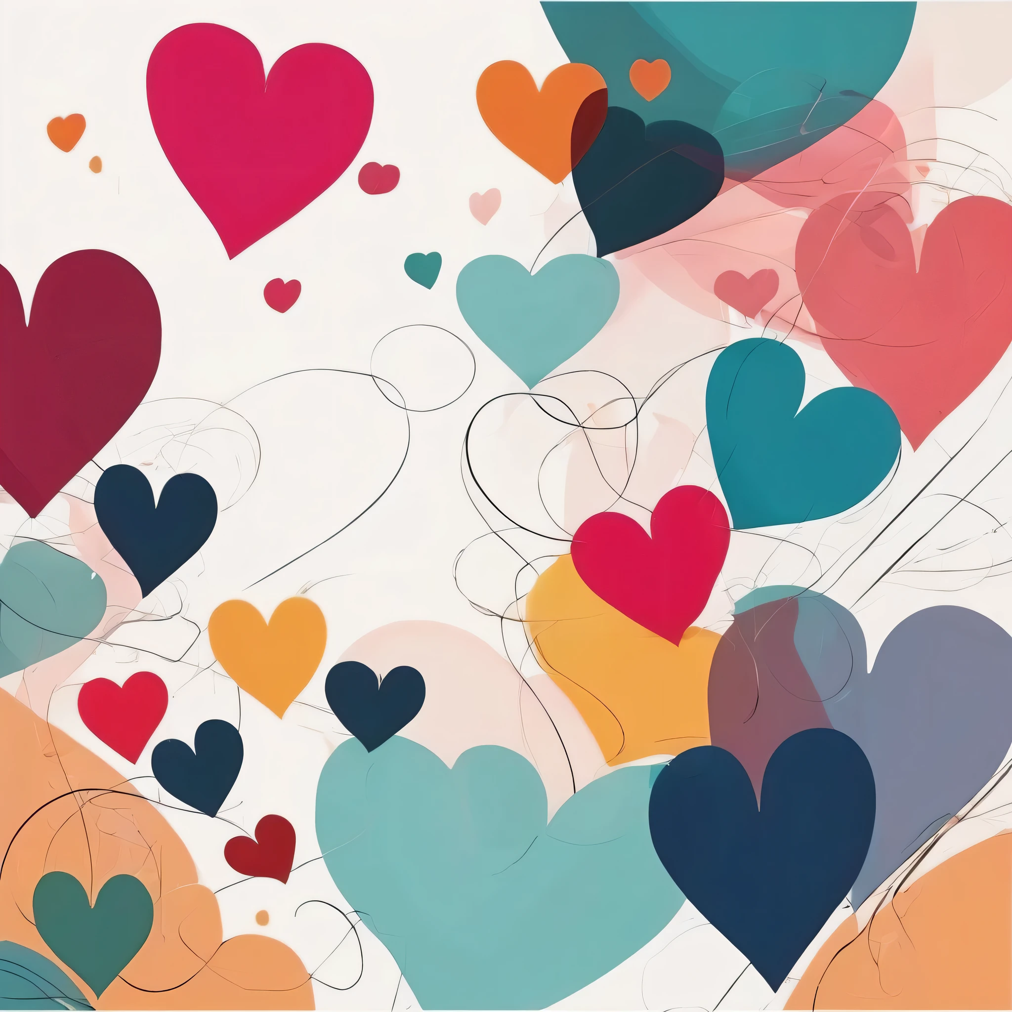 Micho style, Simple Line Initialism，Abstract art，No Background, colorful hearts