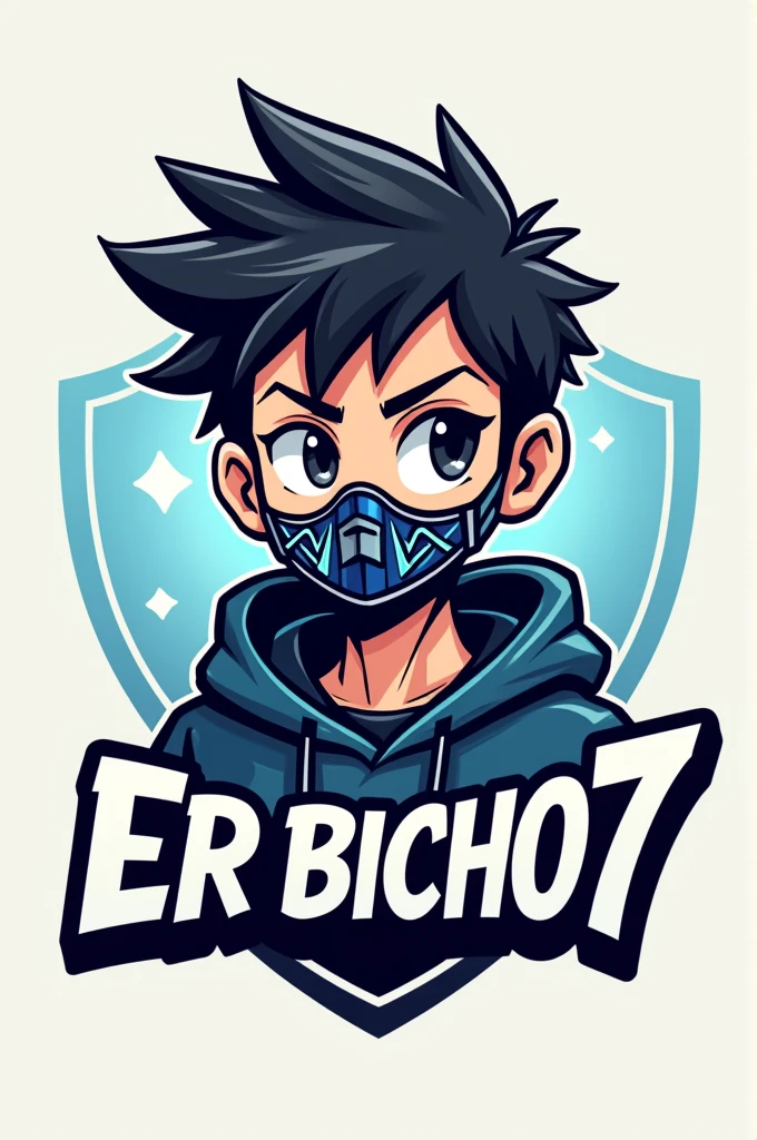 Create a mascot logo where the mask is a gamer guy with black hair wearing a sweatshirt and below it has the letters "ER BICHO7"