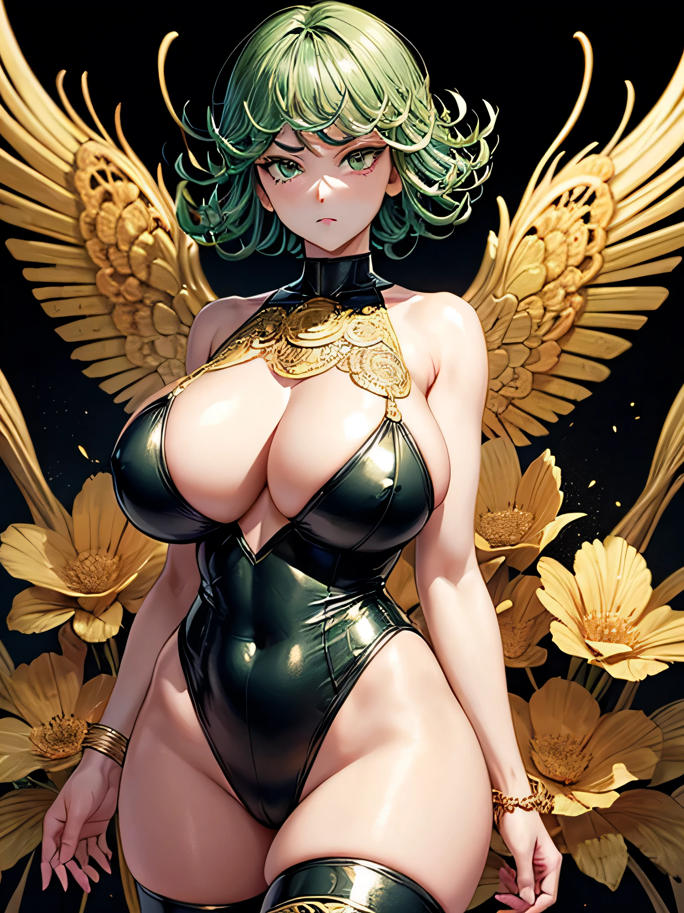 (Tatsumaki), (One Punch Man), big detailed green eyes, green hair, (green eyes), green and gold color palette, Official art, Unity 8k Wallpaper, Ultra-detail, Beautiful and aesthetic, masterpiece, Best Quality, (zentangle, mandalas, Tangle, Entangle), (fractal art:1.3) , 1girl, (huge tits), Extremely detailed, Dynamic Angle, Most Beautiful Form of Chaos, elegant, a brutalist designed, vivd colour, romanticism, Atmospheric, arms behind back, (gold metallic pasties), shiny skin, sexy pose, ((black background)), gold dust, heavy blushing, upper body, straight on, gold metallic flowers, ornate gold elements, gold overload, (extra thick thighs), (gold thigh highs), arms behind back, ornate gold border, contrapposto, beautiful legs, (gold explosions), (gold hearts), (gold butterflies), 
