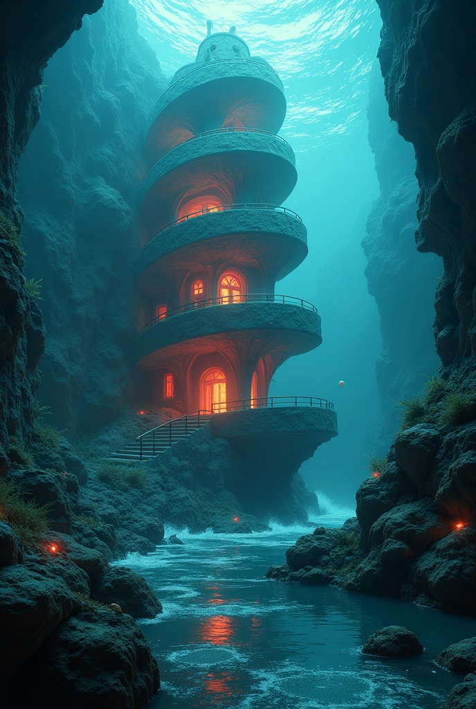 Undersea scene:Deep sea background,It creates a mysterious and tranquil atmosphere。
Mysterious building:Design a building with a unique style,As seen in the spiral structure in the image。
Light Source Settings:Place luminescent bodies inside or around the building,Like lanterns、Flames, etc,Increase the brightness and depth of the image。
Water element application:Utilize water ripple patterns、Elements like bubbles enrich the image details,Emphasize the subject。
Color matching:Use blue and green as the primary color scheme,Accentuate with red and orange highlights,In sharp contrast。
dynamic effect:Add water flow movement、Dynamic elements such as rising bubbles,Enhance the overall dynamism of the image。