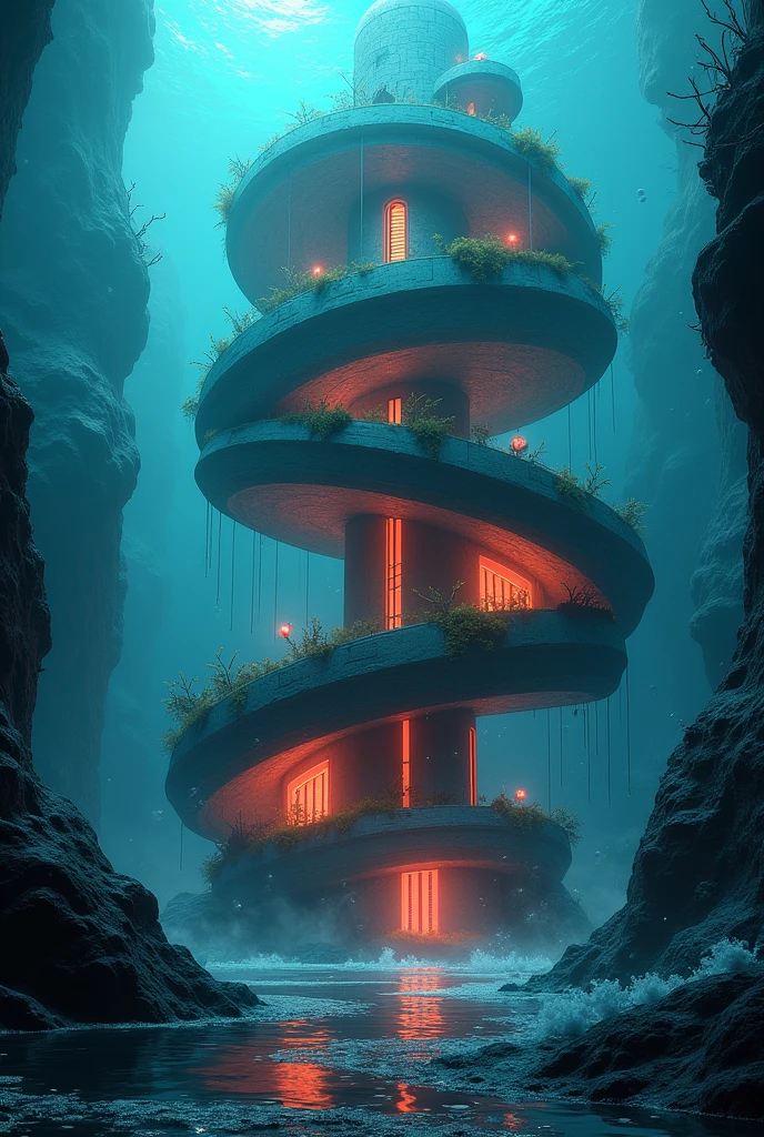 Undersea scene:Deep sea background,It creates a mysterious and tranquil atmosphere。
Mysterious building:Design a building with a unique style,As seen in the spiral structure in the image。
Light Source Settings:Place luminescent bodies inside or around the building,Like lanterns、Flames, etc,Increase the brightness and depth of the image。
Water element application:Utilize water ripple patterns、Elements like bubbles enrich the image details,Emphasize the subject。
Color matching:Use blue and green as the primary color scheme,Accentuate with red and orange highlights,In sharp contrast。
dynamic effect:Add water flow movement、Dynamic elements such as rising bubbles,Enhance the overall dynamism of the image。