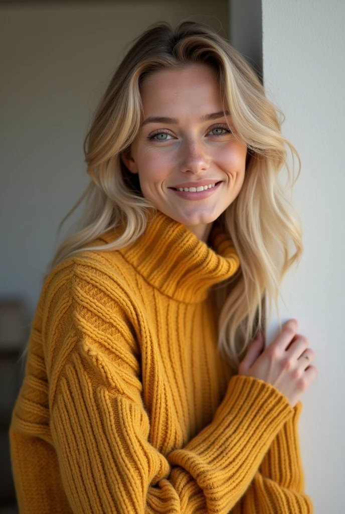Portrait of a model woman with blond hair in a warm designer sweater, in the style of branded clothing, With the sweater in full view, Panasonic GH5, happy expressions, low key image, sharp texture - Image #2 @SlengSleng