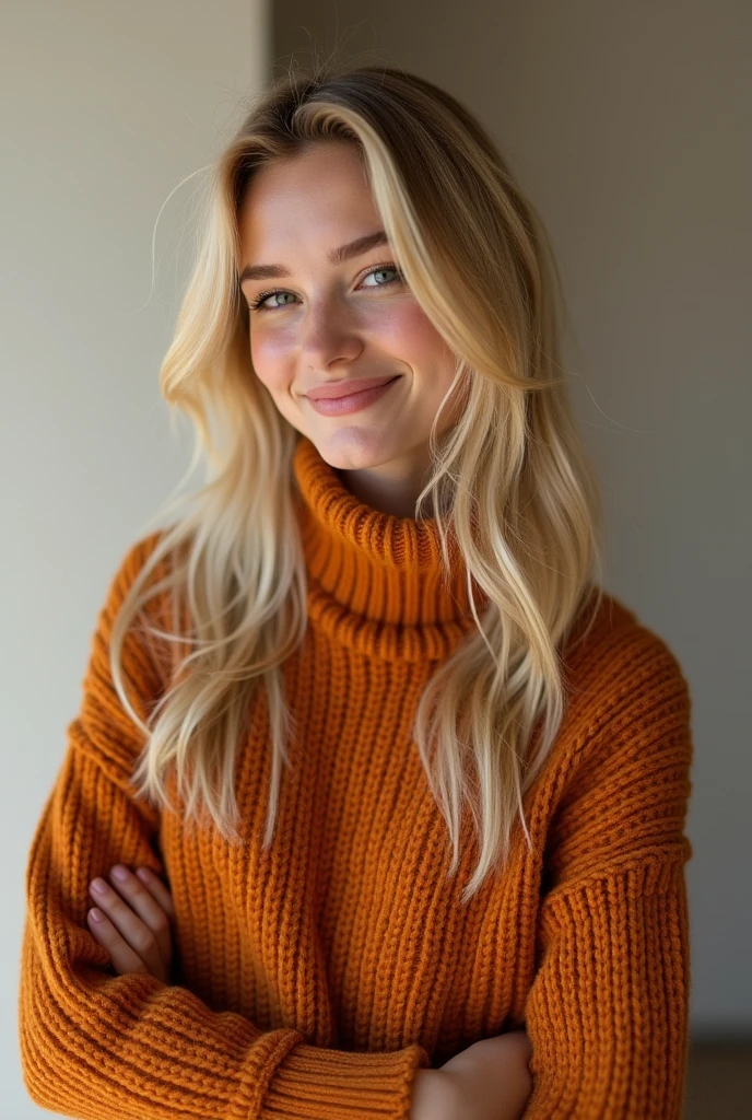 Portrait of a model woman with blond hair in a warm designer sweater, in the style of branded clothing, With the sweater in full view, Panasonic GH5, happy expressions, low key image, sharp texture - Image #2 @SlengSleng