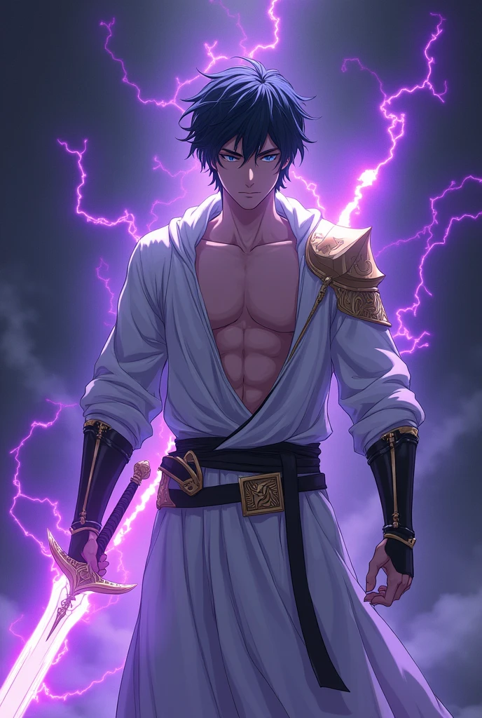 ((masterpiece)), ((High Definition)). A man in the center in anime style. He is handsome, attractive and distant. Black hair and blue eyes. He wears light armor, highlighting their confidence, that leaves his arms and chest exposed, infusing respect for his immense power. From him emanates an electric aura of divinity, purple in color, and with magical runes. He holds in one of his hands a magical crystal sword, purple in color. The illumination is soft, highlighting his facial features and his imposing presence and divinity. Dynamic pose. with a dark background.