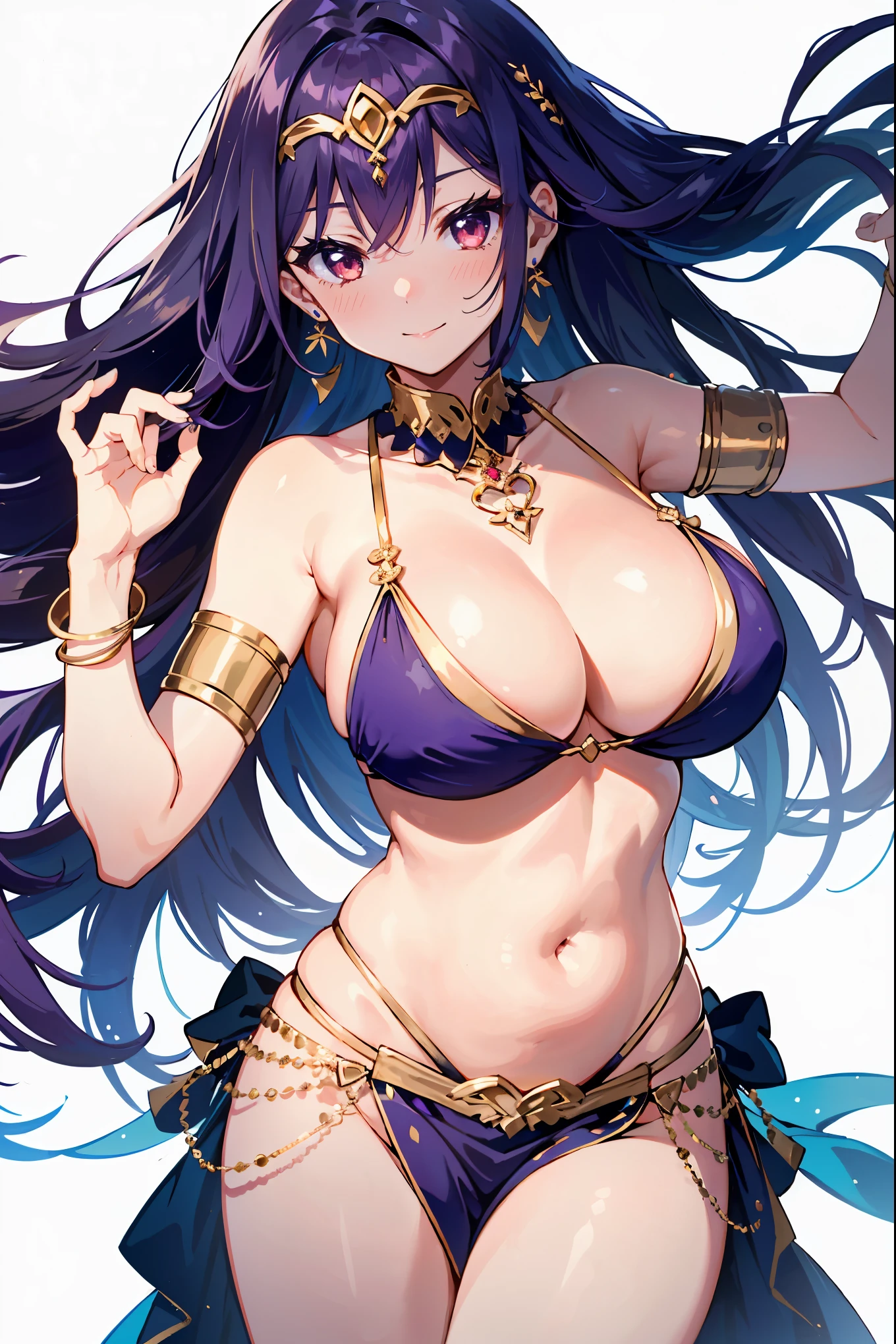 1girl, belly dancer, white background, red eyes, long hair, purple hair, harem outfit, bikini, pelvic curtain, purple costume, circlet, earrings, armlets, bracelets, bashful smile, dancing, large breasts, cleavage, soft stomach