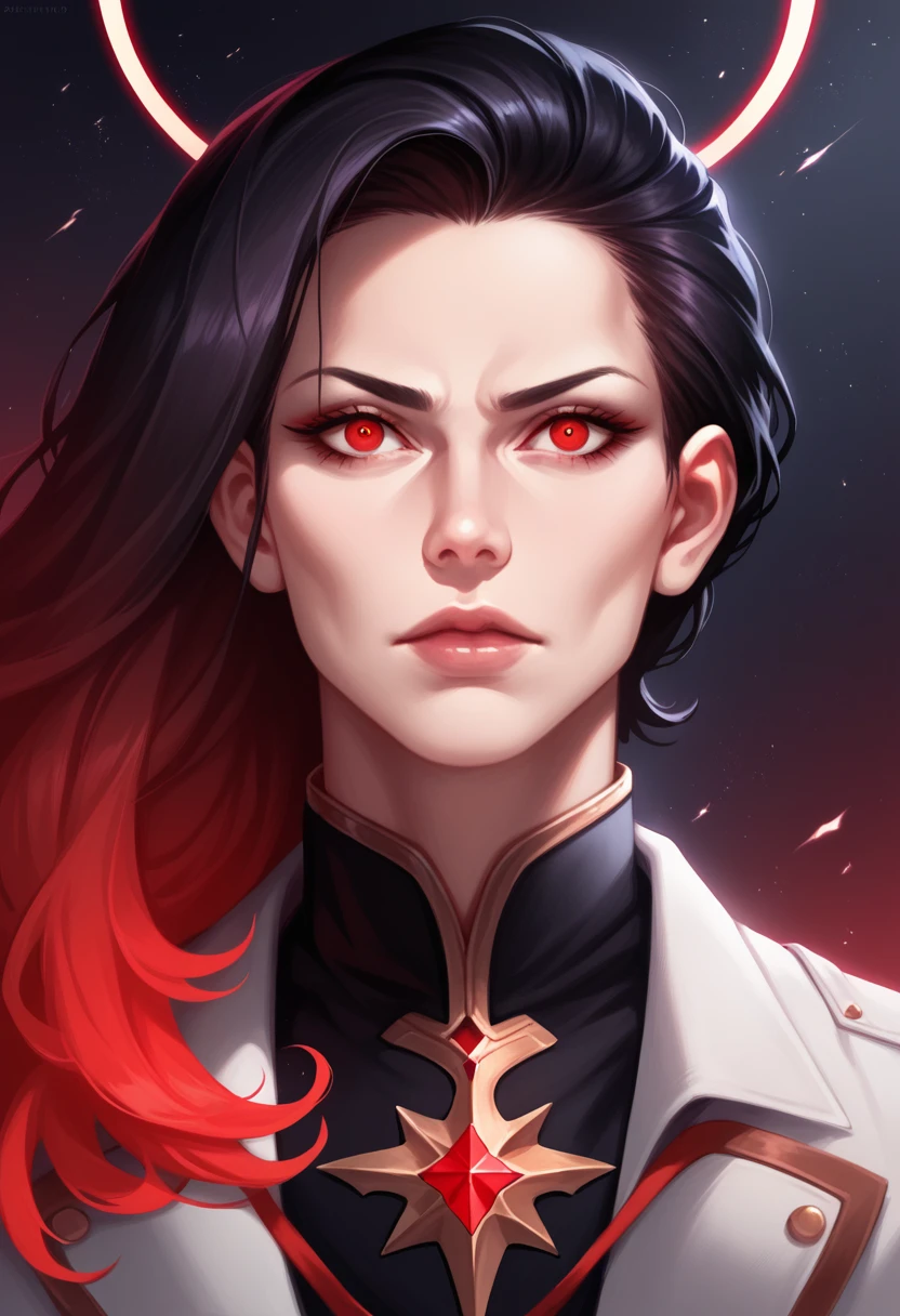 a mature woman, body made of dark matter, cosmic aspect, red eyes, black gradient body turning white, spiky hair, rpg style, black halo with a red aura on the neck, high quality, hyperrealistic, 8k, detailed face, extremely detailed, masterpiece, professional, vivid colors, dramatic lighting, chiaroscuro, dark fantasy, cinematic composition