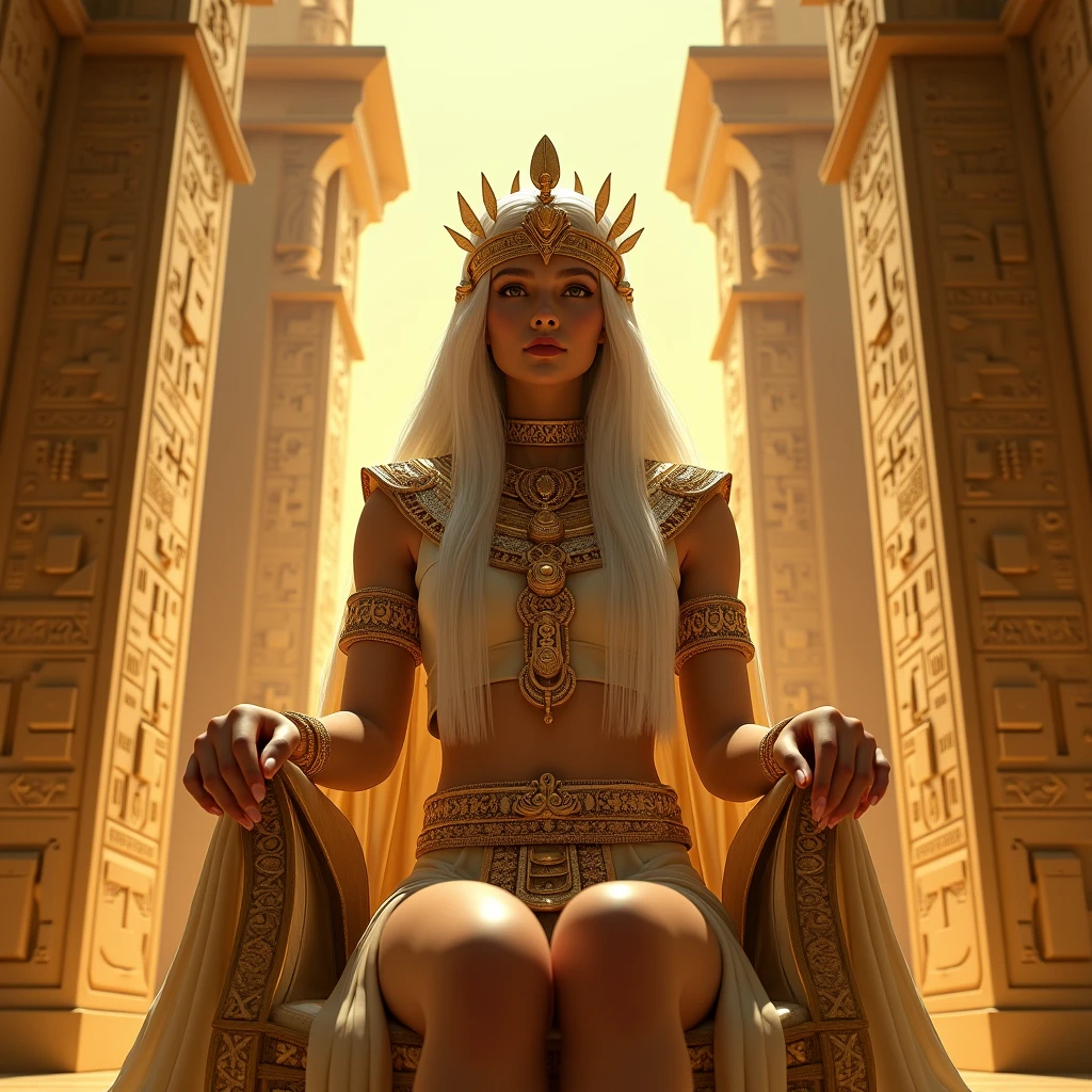 A girl with long white hair wearing a Pharaoh's outfit all in gold,She will be posing inside the pyramid,I want hieroglyphics on the walls and her to be beautiful and very realistic,I want her to be very sexy,I want that pharaoh thing on her chin and the snake crown too,I want the color of everything to be gold, I want her with the mask of the god Ra and sitting on the Pharaoh's throne