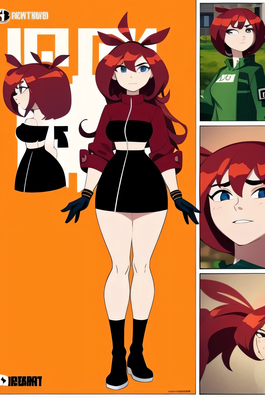 anime style, A highly detailed and realistic 3D model of a young woman standing confidently in front of an orange wall. She has red hair styled in two ponytails and blue eyes.. She wears a red jacket over a black dress., black gloves, and white socks up to the thighs. She has a pair of sunglasses resting on her head.. The model should include subtle movements in her hair and the fabric of her jacket., As if a gentle breeze were passing by. The scene takes place on a concrete surface with shadows cast on the ground., providing a realistic urban environment. The background should be simple and interior with neutral colors.. The model should be photorealistic and highly detailed., showing the character's elegant and modern look. Make sure the model captures her confident stance and natural proportions., with special attention to the detailed outfit and accessories, full body, model sheet, character design sheet,