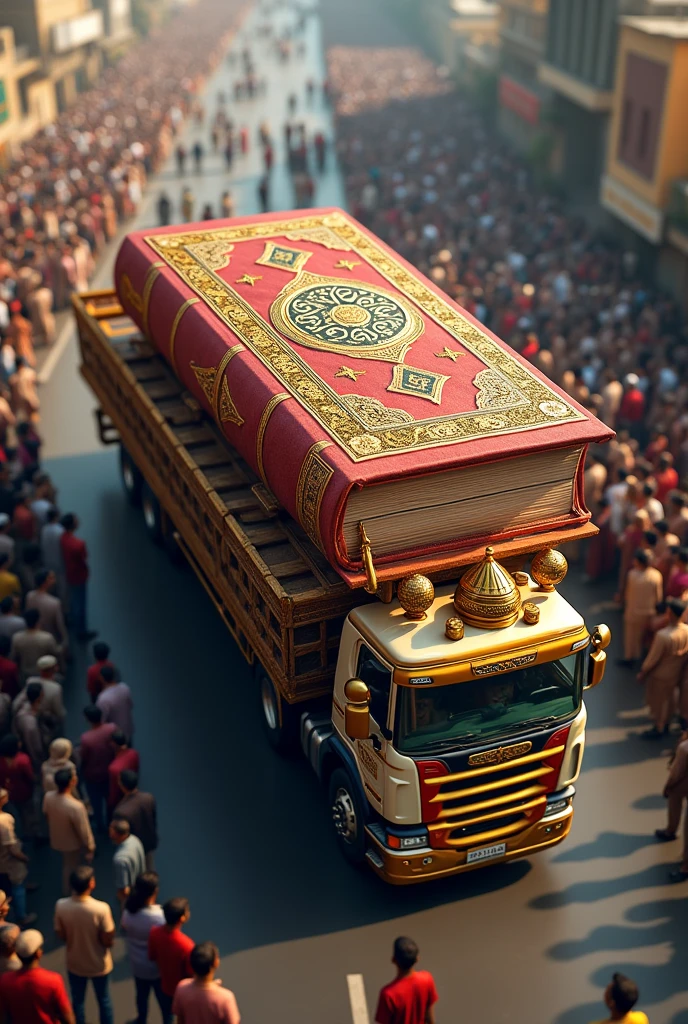 Generate an image of big holy Quran on the truck running on the road and many people around here