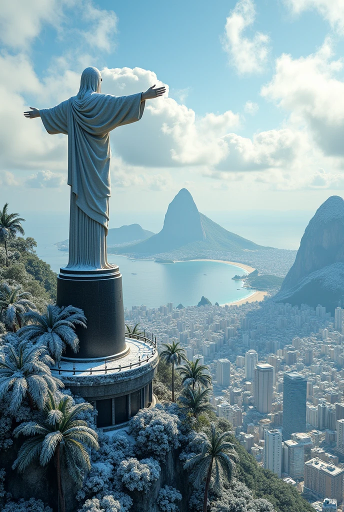Create a realistic image of Rio de Janeiro covered in snow, near Christ the Redeemer