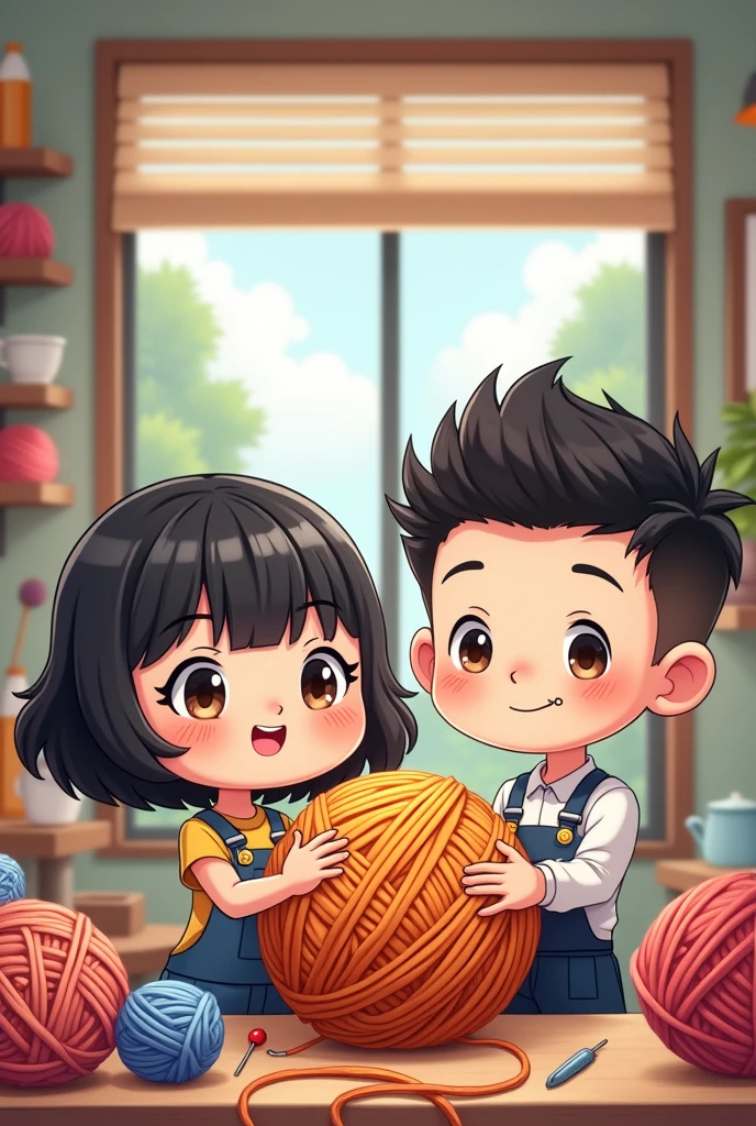 Chibi drawing of a crochet business with a chubby black-haired teenage girl with a bridge piercing and a skinny guy with a lowfade haircut in anime style, with a giant ball of yarn in the center.