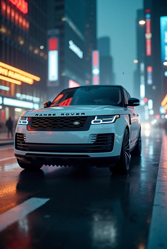 A Range Rover vehicle positioned to the left of the image, with the right side slightly floating. The background of the image featuring a lit-up city is blurred or low-detail to highlight the Range Rover in a landscape format..