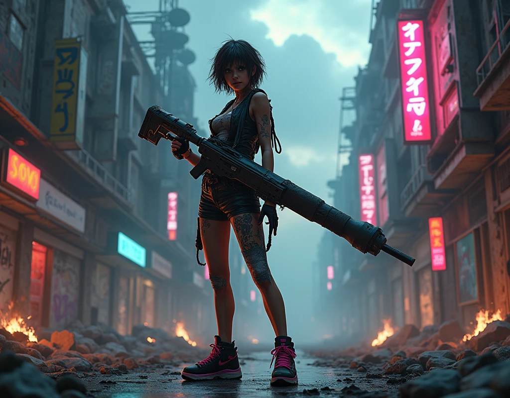 A cool, confident girl with a rebellious attitude, standing in an urban, post-apocalyptic environment. She has short, messy hair, a fierce expression, and is casually shouldering a gigantic, massively overiszed futuristic plasma rail-gun. Her outfit is a mix of cyberpunk and street style, with neon accents, leather, and metallic details. The background is a gritty cityscape with crumbling buildings, graffiti-covered walls, and flickering neon signs. The sky is dark and ominous, with a few beams of light cutting through the clouds. The atmosphere is tense, with a sense of impending action, and the scene is filled with small details like scattered debris, smoldering ruins, and distant city lights