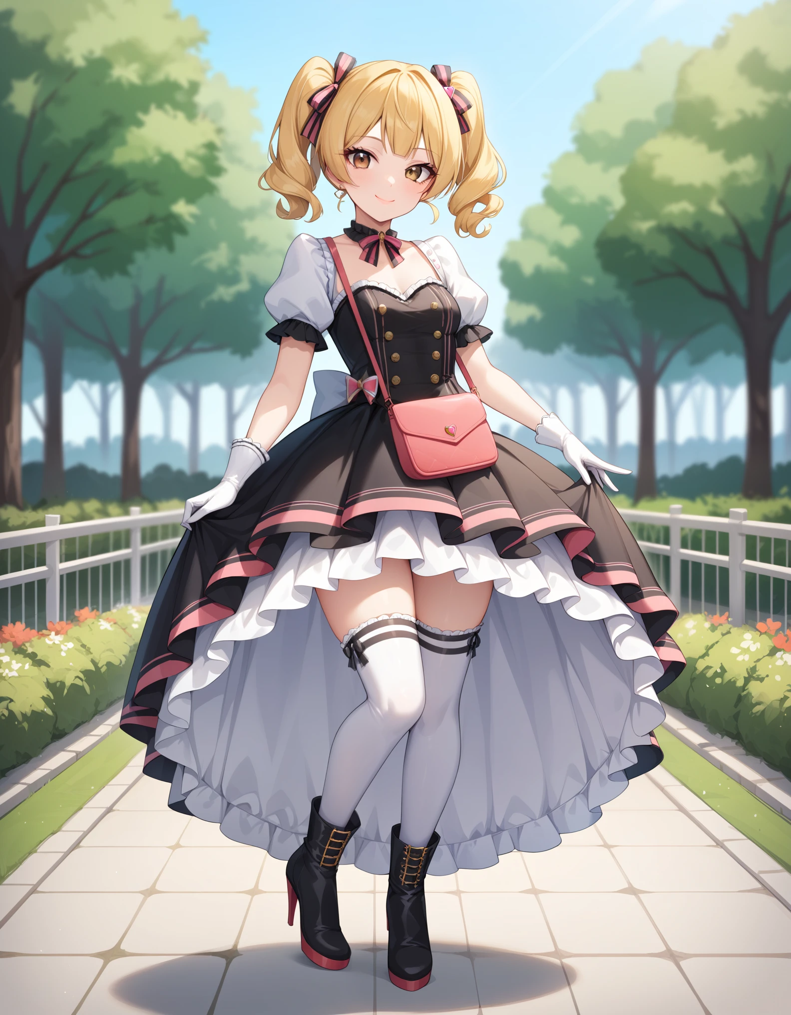 masterpiece, best quality, highly detailed, ultra high res, 1girl, , solo, brown eyes, hair ornament, short ash blonde hair, twin tails, hair ribbon, light smile, glossy lips, idol dress,idol costumes, short sleeves, puffy sleeves, very puffy skirt, flared skirt, puffy dress, costumes, wearing thighhighs, wearing high heeled boots, boots, holding red purses, handbag, outdoor, wearing white gloves, fullbody, park