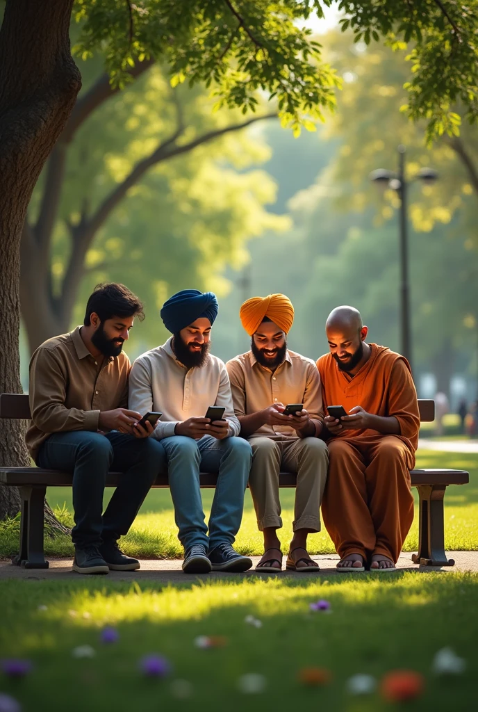 Four friends Hindu, muslim, sikh and Buddhist in park seats on bench,
They played in mobile phones.