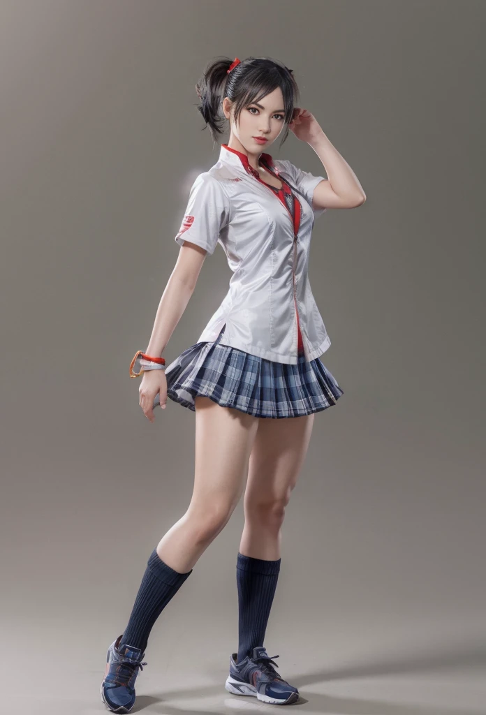 Tekken, Ling Xiaoyu, (best qualityer, ultra detail), (realisitic:1.37), beautiful and detailed face, ultra-realisitic texture, Exquisite face, Delicate body, red lipgloss stick, shiny colors. High definition, 8k.