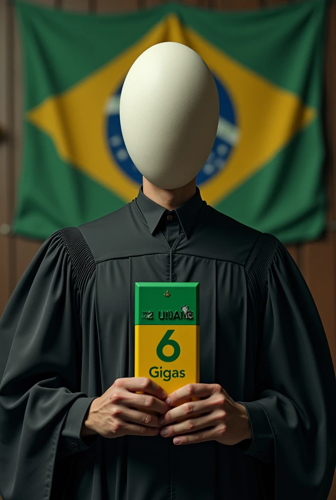 image of the Minister "Alexandre de Moraes in black toga", egg-shaped head, electronic urns
, Brazil's flag, a large green and yellow pen drive , written 6 Gigas . dictator