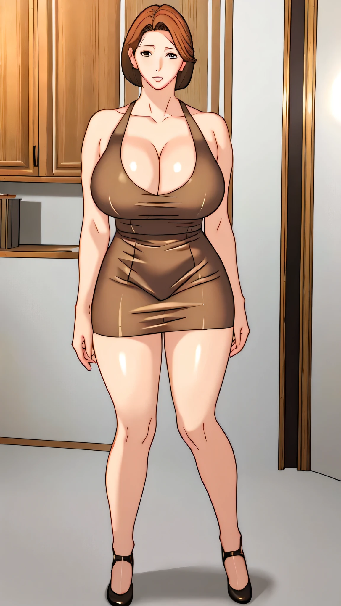 masterpiece,best quality,nonsense,realistic,adult female,sagging breasts,brown_hair,big_breasts,short_hair,brown_eyes,thighs,cleavage,dress, full body image