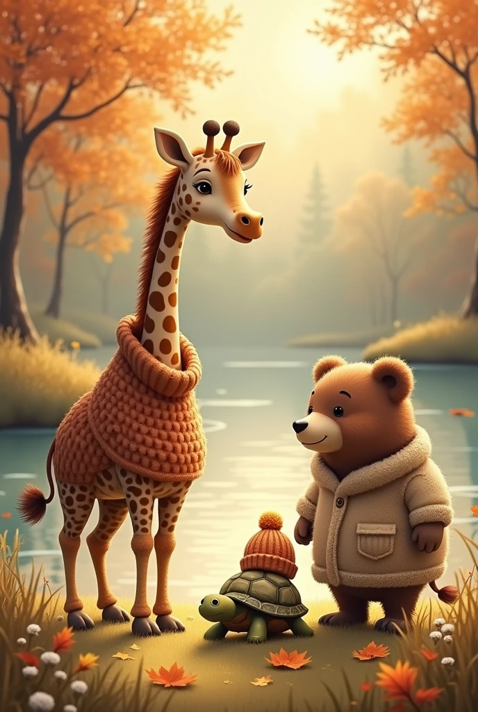 Giraffe in a sweater with warmth
Now the giraffe found a lake
She found her turtle friend, a turtle in a beanie
They walked through the forest
And they found their friend, the brown bear in pajamas