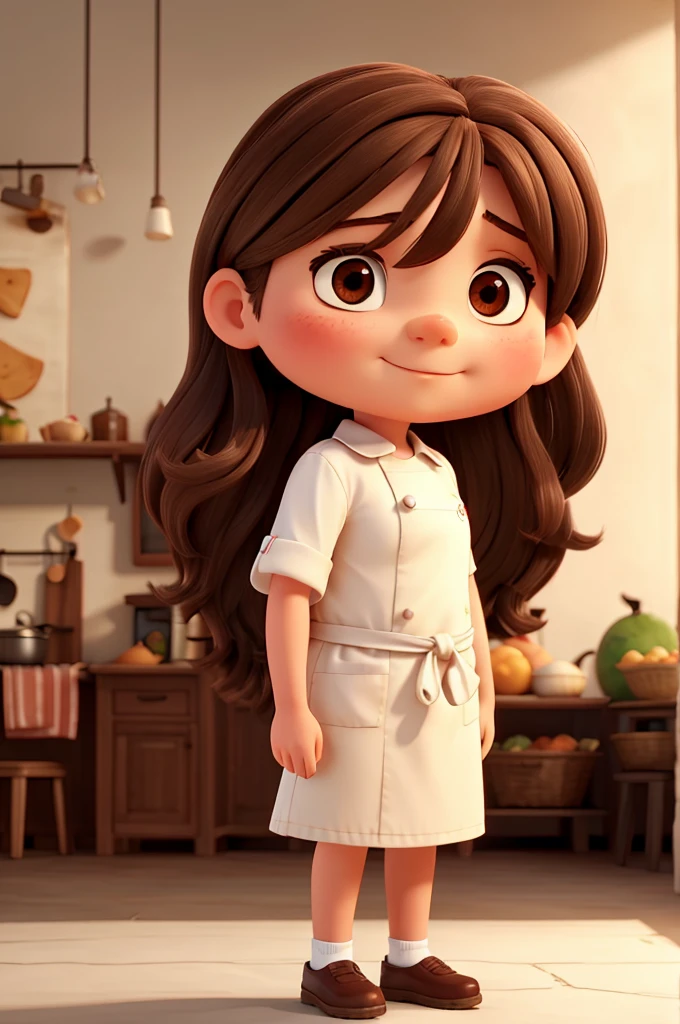 Mid-size girl with long dark brown hair, Round face, slightly slanted eyes wearing chef's clothing holding a tray with coxinha, image without details in the background, just white