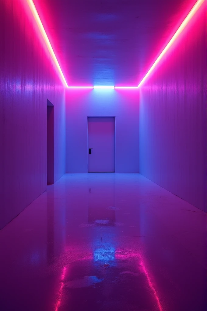 Shades of purple, pink and dark blue. Neon lights. Empty party room, monochromatic floor. A single door in the background.