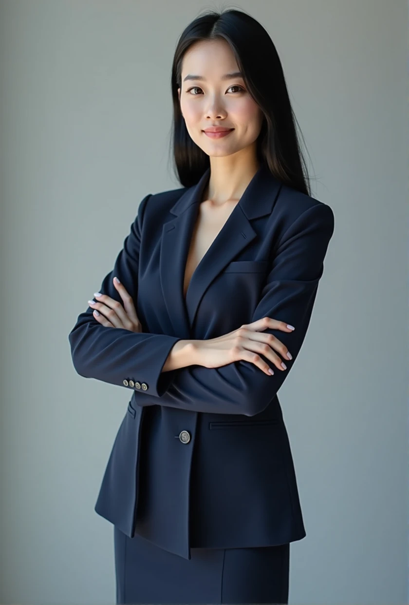 Professional image of a 25-year-old working woman, Wear a navy blue business casual suit and hip wrap skirt, Professional profile photo, posing with crossed arms, professional picture, professional profile picture, photograph of a woman, Business woman, lecturer, Black hair, Slim body, 8K high-definition