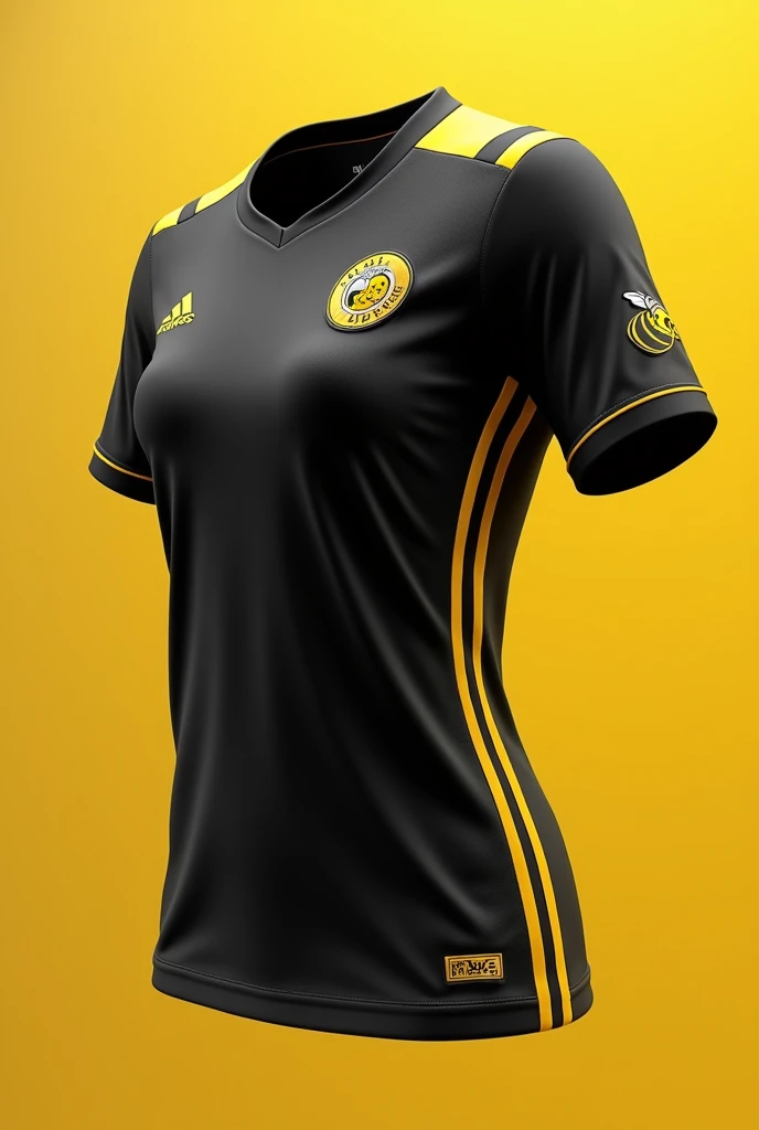 generate a sports shirt to play soccer that is for the girls' team called bumblebees. It has to be black with yellow details. They have two championships, represent them with bees and make it minimalist and very cool. Another more innovation. With the letters in the side. More girly