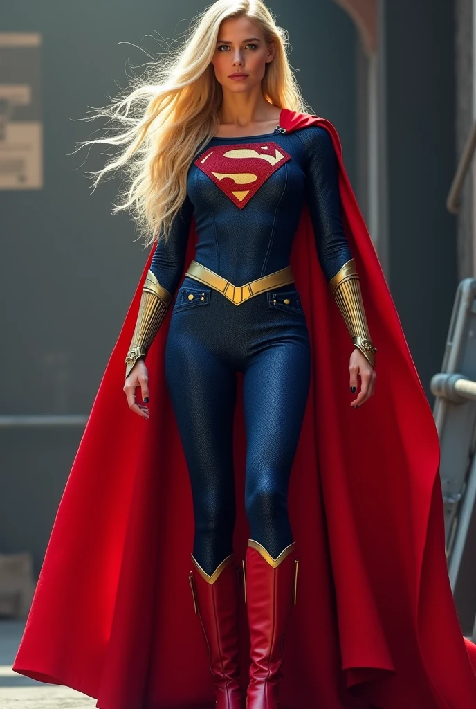 (((Gaia Weiss under the mantle of the Kryptonian Kara Zor-El aka Supergirl long blonde hair Red corset suit and blue leggings with red boots red cape))),(((Gold color long bracelets)))