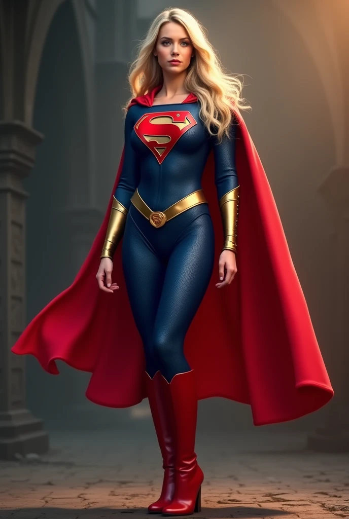 (((Gaia Weiss under the mantle of the Kryptonian Kara Zor-El aka Supergirl long blonde hair Red corset suit and blue leggings with red boots red cape))),(((Gold color long bracelets)))