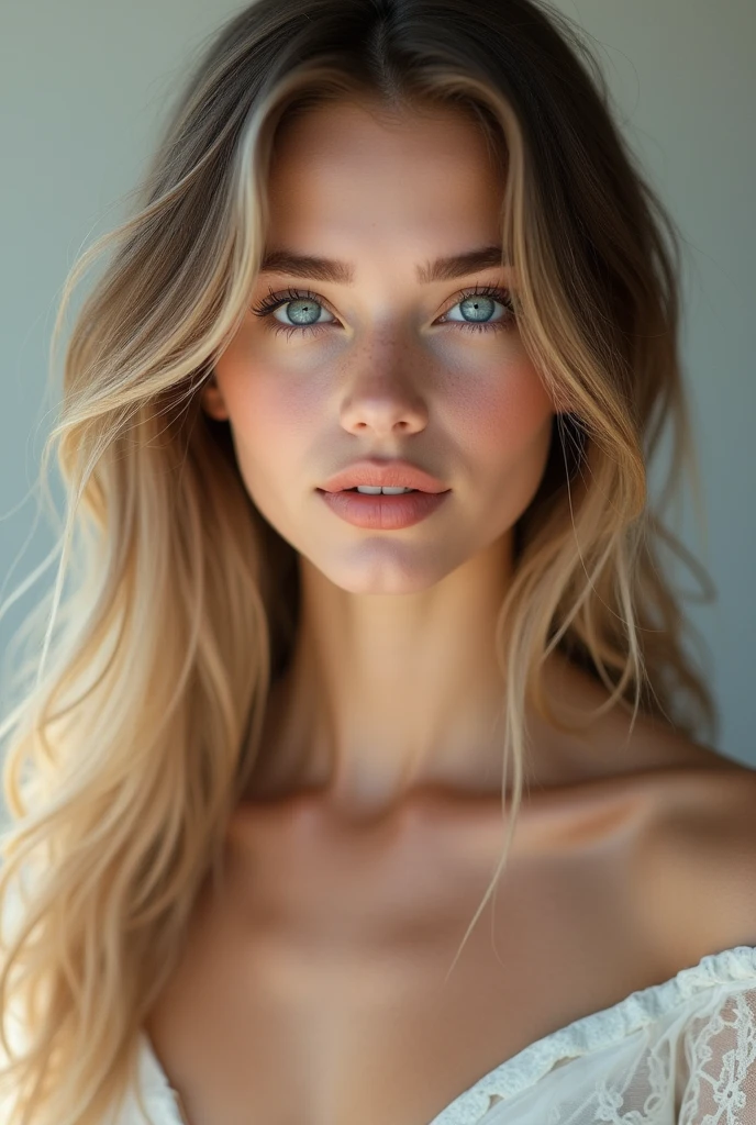 A girl with fair skin and very strong ocean blue eyes,pink and cute lips,lightBrown hair,perfectbody,wavy hair to straight