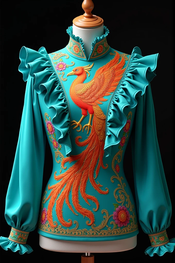 Turquoise school uniform blouse with ruffles and a phoenix with a black background