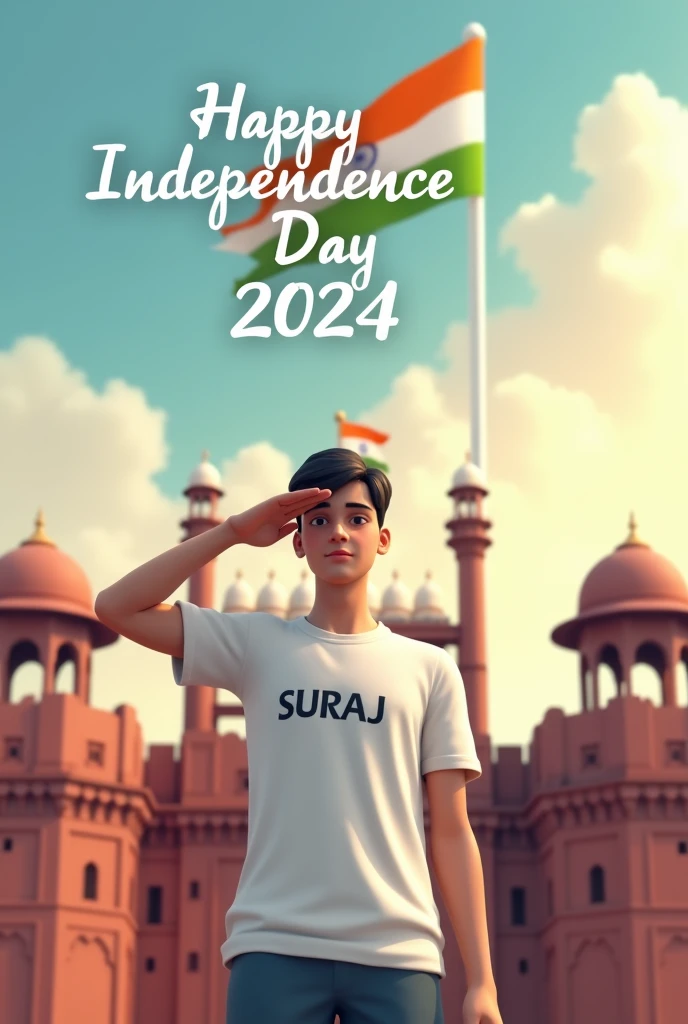 Create a 3D image of 22 years old boy is wearing White color shirt and saluting to indian flag and behind him red fort placed a hoisting flag on that, written Happy Independence Day 2024" on the sky and "SURAJ" is written on his shirt with bold letters and also in overall image has the divine background like indian republic day. Everyone is celebrating