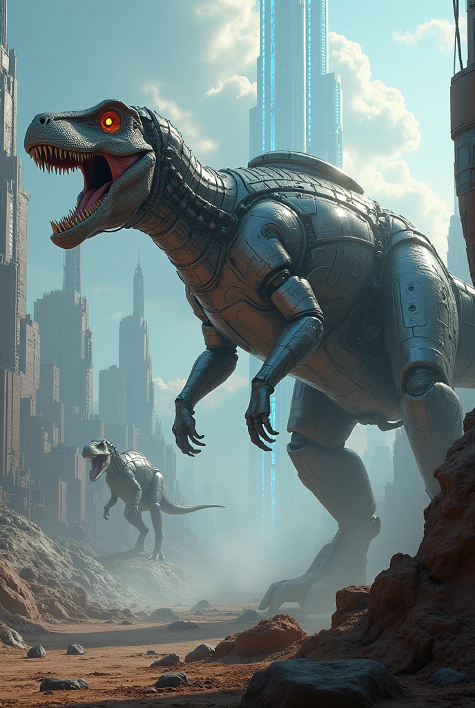 Could you make me a picture of a planet of technological dinosaurs?