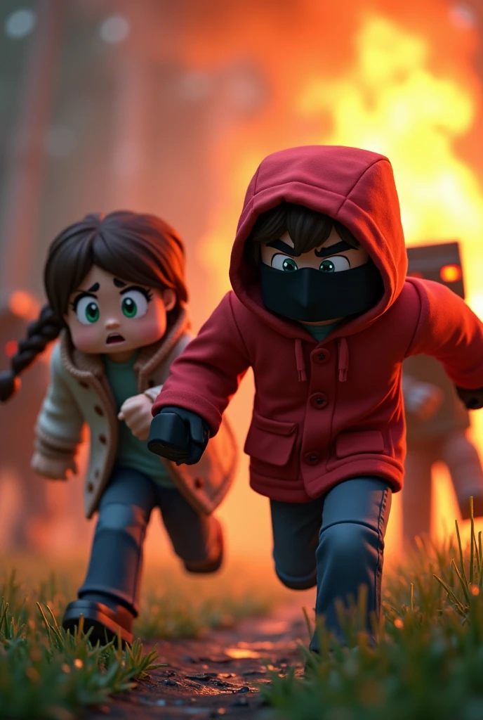 Two Minecraft characters are escaping from Minecraft zombies. One is a girl and the other is a boy. The girl is wearing a coat and has green eyes. The boy is wearing a red hooded coat and also has a black face mask. They are escaping from Minecraft zombies and in the background there is a Minecraft forest that is on fire. They are Minecraft characters.
