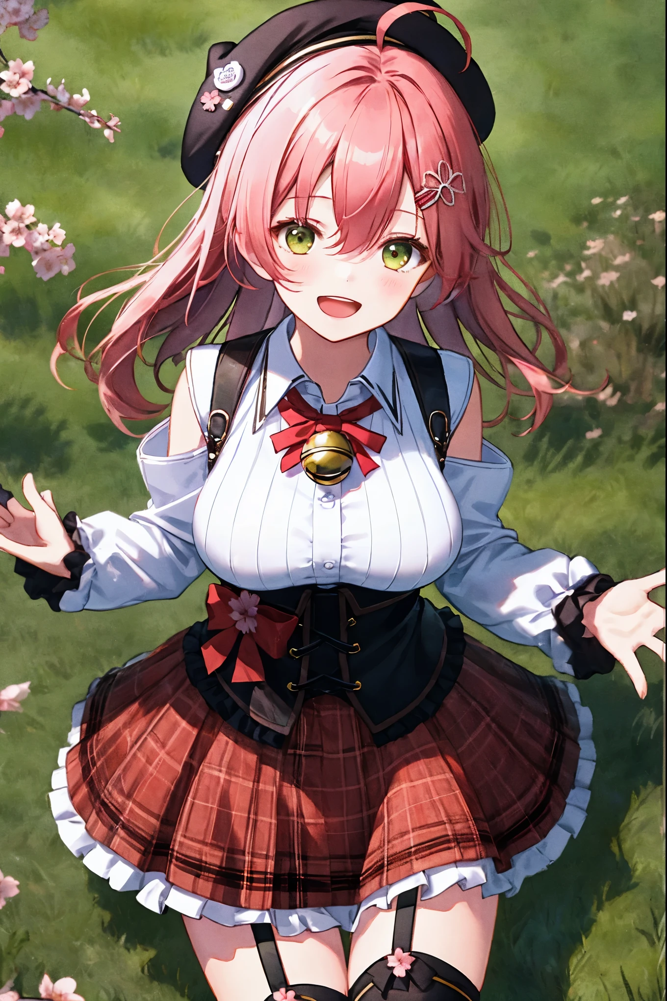 masutepiece, Best_Quality, hight_resolution, miko2,Ponytail, 1girl, Ahoge, black headwear, Hair Ornament, White shirt, black thighhighs, Pink hair, Red_skirt, very_short_skirt, plaid skirts, garter_strap, Collared shirt, hair clips, frilld, Bangs, hair between eye, frills skirt, beret, Pleated skirt, Hair Flower, Neck bell, , puffy long sleeves, Black bow, Underbust, Smile, (large_breasts:1.3),covered_nipples, green_eyes, happy, dynamic_angle,(big_smile:1.2),plump,open_mouth,shout,half_eyes,cherryblossom_park_landscape_background,