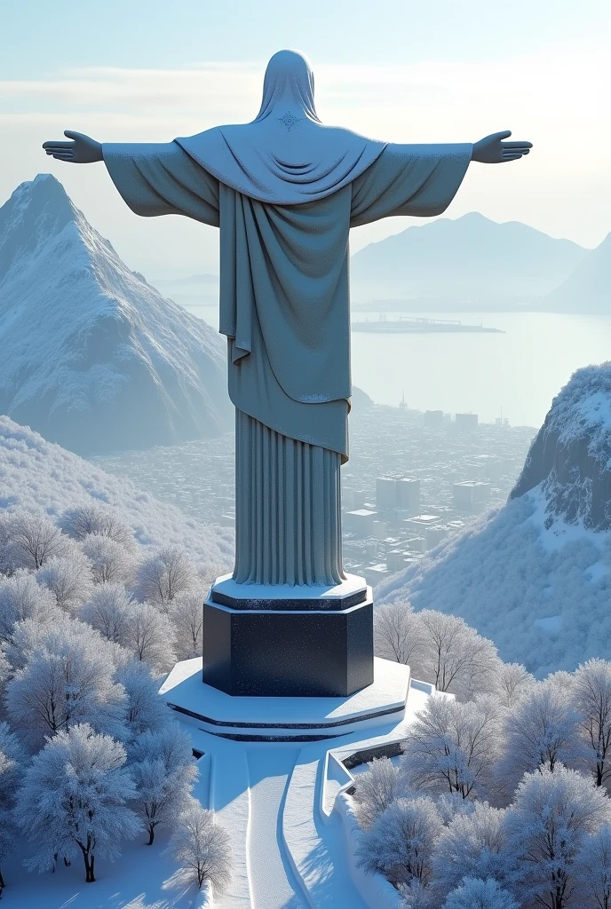 Create a realistic image of Rio de Janeiro covered in snow, near Christ the Redeemer, with a lot of snow