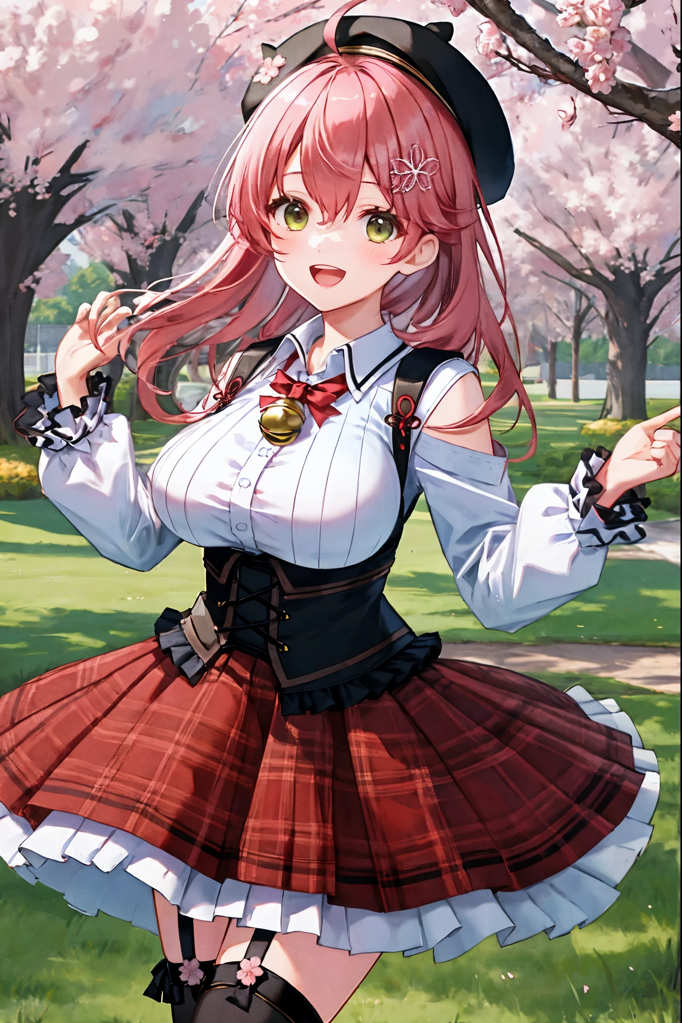 masutepiece, Best_Quality, hight_resolution, miko2,Ponytail, 1girl, Ahoge, black headwear, Hair Ornament, White shirt, black thighhighs, Pink hair, Red_skirt, very_short_skirt, plaid skirts, garter_strap, Collared shirt, hair clips, frilld, Bangs, hair between eye, frills skirt, beret, Pleated skirt, Hair Flower, Neck bell, , puffy long sleeves, Black bow, Underbust, Smile, (large_breasts:1.3),covered_nipples, green_eyes, happy, dynamic_angle,(big_smile:1.2),plump,open_mouth,shout,half_eyes,cherryblossom_park_landscape_background,