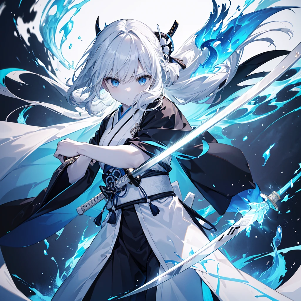 One woman,Very white skin,Transparent((have,Long sword,Japanese sword,Blue Flame,Reflection of light))Close-up Background((Center Part,Black and White,1:1)) samurai,Focus,He has the dignity of a general.,overwhelm,ambition